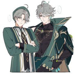 Rule 34 | ..., 2boys, ahoge, akademiya uniform, alhaitham&#039;s father (genshin impact), alhaitham (genshin impact), beret, black gloves, black shirt, cable, cape, chest jewel, closed mouth, coat, commentary, cropped legs, elbow gloves, english commentary, father and son, gem, genshin impact, gloves, green cape, green coat, green eyes, green gemstone, green hair, green headwear, grey hair, hair over one eye, hand on own hip, hat, headphones, long sleeves, looking at viewer, male focus, mmme0709, multicolored hair, multiple boys, one eye covered, open clothes, open coat, parted bangs, partially fingerless gloves, serious, shirt, short hair, sidelocks, simple background, sleeveless, sleeveless shirt, speech bubble, spoken ellipsis, swept bangs, vision (genshin impact), white background, white shirt