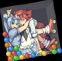 2girls absurdres ball black_eyes blue_hair commentary crazy drill_hair empty_eyes hat hatsune_miku highres kasane_teto livpoid long_hair looking_at_viewer mesmerizer_(vocaloid) multiple_girls open_mouth red_hair roller_skates sharp_teeth skates symbol-only_commentary synthesizer_v teeth tongue tongue_out twin_drills twintails utau very_long_hair vocaloid yuri
