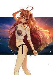 Rule 34 | 1girl, absurdres, ahoge, ass, bikini, black bikini, blush, breasts, character request, copyright request, cowboy shot, eranahh, floating hair, frills, from side, highres, multicolored hair, navel, off shoulder, orange eyes, red hair, see-through clothes, small breasts, solo, streaked hair, swept bangs, swimsuit, twitter username, upper body, water drop, watermark