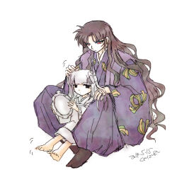1boy 1girl barefoot black_eyes black_hair blue_eyeshadow blunt_bangs chizuru_210 closed_mouth curtained_hair dated dot_mouth expressionless eyeshadow flower full_body hair_flower hair_ornament hakama hakama_pants headpat holding holding_mirror inuyasha japanese_clothes juban kanna_(inuyasha) kataginu kimono long_hair looking_at_another looking_at_mirror makeup mirror motion_lines naraku_(inuyasha) pale_skin pants parted_bangs petting purple_kimono red_eyes signature simple_background sitting sitting_on_lap sitting_on_person tabi wavy_hair white_background white_hair white_kimono wide_sleeves