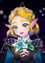 1girl black_background black_capelet black_gloves blonde_hair blue_flower braid capelet chichi_band commentary_request crown_braid fingerless_gloves flower gloves green_eyes hair_ornament hairclip highres holding holding_flower interlocked_fingers long_hair nintendo open_mouth own_hands_together pointy_ears princess_zelda short_hair silent_princess smile solo teeth the_legend_of_zelda the_legend_of_zelda:_tears_of_the_kingdom upper_teeth_only