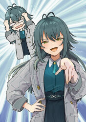 1girl antenna_hair bafarin black_skirt blush coat commentary_request cropped_legs doyagao fingernails gakuen_idolmaster green_eyes green_hair green_shirt grey_coat hair_flaps hand_on_own_hip hands_on_own_head highres idolmaster inner_ego long_hair looking_at_viewer outline pointing pointing_at_viewer shirt shirt_tucked_in skirt smile smug tsukimura_temari very_long_hair wavy_mouth white_outline