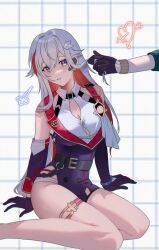 Rule 34 | 1boy, 1girl, 5illiillii, alternate hair length, alternate hairstyle, aventurine (honkai: star rail), black gloves, black unitard, blue eyes, collared shirt, detached sleeves, gloves, grabbing another&#039;s hair, grid background, honkai: star rail, honkai (series), long hair, looking at viewer, multicolored hair, red hair, shirt, sitting, thigh strap, topaz (honkai: star rail), two-tone hair, white hair, white shirt