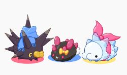 black_eyes blue_scarf bow commentary english_commentary gen_7_pokemon gen_8_pokemon nintendo no_humans pincurchin pink_eyes pink_ribbon pokemon pokemon_(creature) pyukumuku ribbon scarf snom solid_circle_eyes white_background yellow_bow yellow_eyes yororai_(rai)