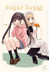2girls :d apron black_dress black_shoes black_socks blush brown_background brown_hair brown_shoes closed_mouth collared_shirt commentary_request cover cover_page dress flower grey_eyes grey_skirt hands_up holding holding_flower loafers long_hair long_sleeves maid maid_apron maid_headdress multiple_girls open_mouth orange_flower original pantyhose pink_sweater pleated_skirt puffy_long_sleeves puffy_short_sleeves puffy_sleeves red_eyes rino_cnc shirt shoe_soles shoes short_sleeves sitting skirt sleeves_past_wrists smile socks sweater twintails twitter_username very_long_hair white_apron white_pantyhose white_shirt