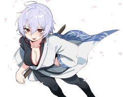 1girl black_boots black_shirt boots breasts cherry_blossoms cleavage collared_shirt from_above genderswap genderswap_(mtf) gintama grey_pants hair_between_eyes hand_on_own_hip highres holding holding_sword holding_weapon hufy japanese_clothes large_breasts pants petals red_eyes sakata_gintoki shirt short_hair simple_background solo sword tongue tongue_out weapon white_background wide_sleeves wooden_sword
