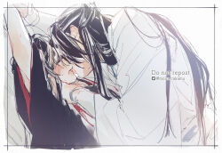 Rule 34 | 2boys, against tree, arms up, bishounen, black hair, black hanfu, blindfold, blush, border, bound, bound wrists, chinese clothes, closed eyes, french kiss, hair down, hair ribbon, half updo, hand on another&#039;s face, hand on another&#039;s neck, hanfu, headband, holding another&#039;s wrist, hug, imminent kiss, inset border, kiss, lan wangji, long hair, long sleeves, male focus, modao zushi, moirae, multiple boys, official alternate hairstyle, open mouth, red ribbon, ribbon, robe, sitting, sketch, sweat, tongue, tongue out, tree, twitter username, watermark, wei wuxian, wei wuxian (yiling laozu), white hanfu, white headband, wide sleeves, yaoi