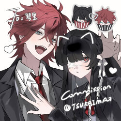 1boy 1girl animal_ears black_hair black_jacket blue_eyes blunt_bangs bow bowtie chibi chibi_inset collared_shirt commission english_text eyepatch fangs hair_bow hair_ornament hair_ribbon heart highres jacket long_hair long_sleeves looking_at_viewer medical_eyepatch minirai0707 necktie open_mouth original red_eyes red_hair red_necktie ribbon school_uniform shirt short_hair upper_body white_background