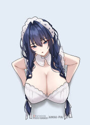 1girl absurdres amai-pai apron artist_name bare_arms blue_eyes blue_hair braid breasts cleavage collar commentary detached_collar english_commentary fanbox_username glory_wall hair_between_eyes hair_intakes hair_over_shoulder hair_tie hanging_breasts head_tilt highres hololive hololive_english huge_breasts immobilization large_breasts long_hair looking_at_viewer low_twin_braids maid maid_apron maid_headdress official_alternate_costume official_alternate_hairstyle ouro_kronii ouro_kronii_(maid) parted_lips partially_undressed patreon_logo patreon_username pixiv_username puritan_collar restrained shadow solo stuck through_wall twin_braids virtual_youtuber white_apron white_collar