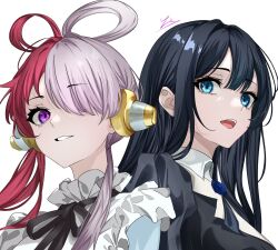 2girls ado_(utaite) behind-the-head_headphones black_hair black_ribbon blue_eyes blue_flower blue_rose chando_(ado) commentary_request flower hair_intakes hair_over_one_eye hair_rings headphones long_hair multicolored_hair multiple_girls neck_ribbon no_mole one_piece one_piece_film:_red open_mouth purple_eyes red_hair ribbon rose shirt sidelocks simple_background split-color_hair teeth two-tone_hair upper_body upper_teeth_only uta_(one_piece) voice_actor_connection white_background white_hair white_shirt yuuxmm_v