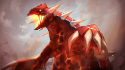 absurdres claws embers gen_3_pokemon glowing glowing_eye groudon highres legendary_pokemon looking_at_viewer monster nintendo no_humans open_mouth pokemon pokemon:_jirachi:_wish_maker pokemon_(anime) pokemon_(creature) pokemon_rse_(anime) shiburingaru solo upper_body