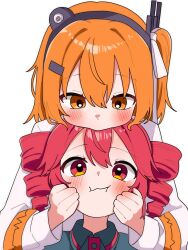 2girls a.i._voice adachi_rei blush closed_mouth drill_hair hands_on_another&#039;s_cheeks hands_on_another&#039;s_face haru_maron highres kasane_teto kasane_teto_(utau) long_sleeves multiple_girls one_side_up orange_eyes orange_hair red_eyes red_hair twin_drills utau white_background