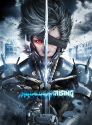 1boy 3d absurdres city cloud copyright_name glowing glowing_eyes grey_hair highres katana male_focus metal_gear_(series) metal_gear_rising:_revengeance official_art outdoors raiden_(metal_gear) short_hair sky solo sword upper_body weapon white_hair