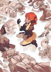 3boys 4girls absurdres adele_(fate) ahoge asha_(fate) black_footwear black_gloves black_jacket black_scrunchie boots commentary constricted_pupils fate/grand_order fate_(series) fujimaru_ritsuka_(female) fujimaru_ritsuka_(female)_(polar_chaldea_uniform) furirikkuru furry furry_male gerda_(fate) gloves grey_skirt hair_between_eyes hand_in_own_hair highres jacket knee_boots looking_at_viewer makarios_(fate) medium_hair multiple_boys multiple_girls no_eyes one_side_up orange_hair parted_lips patxi_(fate) pleated_skirt scrunchie sitting skirt three-quarter_sleeves wariza yellow_eyes