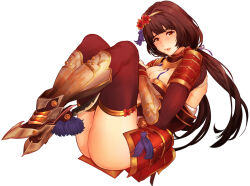45ichi arms_cross ass black_hair blunt_bangs blush boots breasts brown_eyes cleavage hairband high_heel_boots high_heels ii_naotora large_breasts legs legs_up lips long_hair parted_lips red_thighhighs sengoku_musou thighhighs thighs twintails