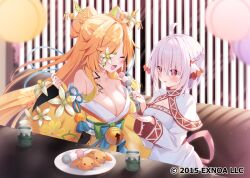 2girls :d ^_^ ahoge bell blonde_hair blush braid breasts capelet character_request cleavage closed_eyes cup cyclamen_(flower_knight_girl) dango dress feeding flower flower_knight_girl food hair_flower hair_ornament hair_over_one_eye hair_ribbon indoors japanese_clothes jingle_bell kimono large_breasts long_hair long_sleeves multiple_girls obi off_shoulder official_art open_mouth pinching_sleeves plate red_eyes ribbon sash short_hair sleeves_past_wrists smile umeko_machi very_long_hair wagashi white_capelet white_dress white_flower white_hair white_ribbon wide_sleeves yellow_kimono yunomi