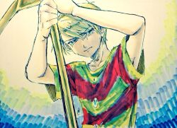 Rule 34 | 1boy, ballpoint pen (medium), blonde hair, blue eyes, commentary request, crying, hachi78b, lucas (mother 3), male focus, marker (medium), mother (series), mother 3, nintendo, pen (medium), pulling, shirt, solo, striped clothes, striped shirt, tears, traditional media, upper body