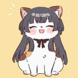 :3 animal animal_ear_fluff animalization black_hair black_ribbon blush brown_background cat closed_eyes cobwvmeti facing_viewer full_body highres idolmaster idolmaster_shiny_colors long_hair mayuzumi_fuyuko multicolored_fur neck_ribbon no_humans open_mouth ribbon simple_background sitting smile solo two_side_up white_fur