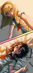 2girls absurdres aygoftenover bed_sheet black_hair blonde_hair blush crying female_pov glasses highres holding_another&#039;s_wrist koishikawa_iko long_hair looking_at_another looking_at_viewer lying momijiyama_teru multiple_girls on_back on_bed perspective pov sailor_collar school_uniform shirt short_hair shy_(series) split_screen streaming_tears tears white_shirt yuri