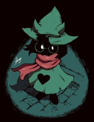 1boy cloak commentary_request deltarune glasses green-framed_eyewear green_cloak green_hat hat heart heart_print highres male_focus print_cloak ralsei red_scarf round_eyewear scarf shogo_(shogo70449442) signature solo standing