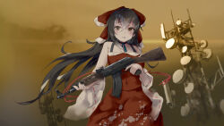 Rule 34 | 1girl, ak-47, assault rifle, black choker, black hair, bow, brown eyes, chinese commentary, choker, commentary request, cookie (touhou), covered navel, cowboy shot, detached sleeves, fairyfloss, gun, hair bow, hakurei reimu, highres, holding, holding gun, holding weapon, kalashnikov rifle, long hair, looking at viewer, open mouth, outdoors, radio tower, red bow, red skirt, red tank top, ribbon-trimmed sleeves, ribbon trim, rifle, skirt, skirt set, sky, solo, tank top, touhou, weapon, white sleeves, yellow sky, yuyusu (cookie)