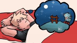 bakudeku bakugou_katsuki bed blonde_hair boku_no_hero_academia bones_(company) dekusheep dreaming ferblue3_ktdk freckles grass green_wool jumping midoriya_izuku moon night pillow sheep shirt shounen_jump sleeping spiked_hair wool