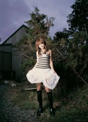 1girl asian bare_shoulders boots cloud cloudy cloudy_sky female_focus hasebe_yu lace looking_at_viewer outdoors overcast photo_(medium) skirt sky smile solo striped tagme tree