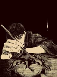 1girl black_background black_hair black_robe greyscale highres holding holding_paintbrush long_hair monochrome oni original paintbrush painting_(action) robe solo tp_p_pt wide_sleeves