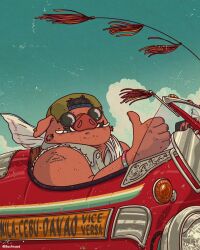 1boy aircraft airplane animal_ears artist_name backwards_hat baseball_cap bastinuod black_hair blue_sky cloud cloudy_sky commentary derivative_work english_commentary furry furry_male grey_shirt grin hand_towel hat highres kurenai_no_buta looking_at_viewer male_focus pig_boy pig_ears pig_nose porco_rosso_(character) shirt shoulder_tattoo sky smile sunglasses tattoo thumbs_up torn_clothes torn_shirt towel_on_one_shoulder tusks twitter_username wristband