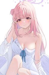 1girl absurdres angel_wings blue_archive blush breasts byakko_0410 dress hair_bun halo hand_up highres large_breasts long_hair mika_(blue_archive) pink_hair pink_halo simple_background single_side_bun solo white_background white_dress white_wings wings yellow_eyes