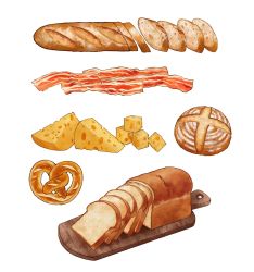 abaoyaonuli bacon baguette bread bread_slice cheese food food_focus highres loaf_of_bread original pretzel simple_background still_life swiss_cheese tray white_background wooden_tray