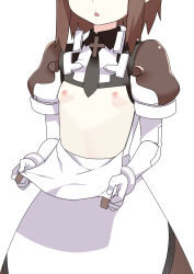 1girl black_necktie breasts breasts_out brown_hair cunnon dot_nose dress elbow_gloves gloves head_out_of_frame highres maid morisobo necktie nipples open_mouth puffy_short_sleeves puffy_sleeves short_sleeves simple_background small_breasts solo summon_night summon_night_3 white_background white_gloves