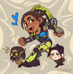 1boy 2girls apex_legends artist_name aviator_cap bad_id bad_twitter_id black_gloves black_hair black_hat blue_eyes blue_tank_top blush brown_hair chibi clenched_hands conduit_(apex_legends) cropped_vest dark-skinned_female dark_skin earrings ehart elbow_gloves fingerless_gloves gloves green_vest hair_behind_ear hat highres jewelry mechanical_legs multiple_girls octane_(apex_legends) open_mouth ptanalo short_hair smile tank_top v-shaped_eyebrows vest wraith_(apex_legends)