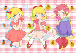 3girls ana_(mother) blonde_hair blue_eyes blush boots bow dress gingerbread_man green_eyes hair_bow heart highres kumatora looking_at_viewer mother_(series) mother_1 mother_2 mother_3 multiple_girls nintendo open_mouth paula_(mother_2) pink_dress pink_hair possum_pix08 red_boots red_bow red_shoes shoes short_twintails smile socks twintails white_socks