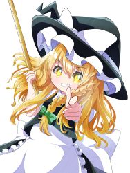 1girl apron beenyan_1203 blonde_hair blush bow braid grin hat hat_bow highres index_finger_raised kirisame_marisa long_hair looking_at_viewer puffy_sleeves shirt short_sleeves single_braid skirt skirt_set smile solo touhou transparent_background vest waist_apron white_bow witch_hat yellow_eyes