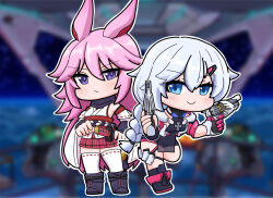 2girls bare_shoulders black_boots black_leotard blue_eyes blurry blurry_background blush boots braid breasts chibi closed_mouth commentary_request depth_of_field detached_sleeves dual_wielding grey_hair gun hair_between_eyes hair_ornament hairclip handgun highres holding holding_gun holding_sheath holding_weapon honkai_(series) honkai_impact_3rd japanese_clothes kallen_kaslana kallen_kaslana_(ritual_imayoh) katana kimono knee_boots leotard long_hair long_sleeves looking_at_viewer medium_breasts mokkyo_(motkyo) multiple_girls obi outline pink_hair pink_skirt pleated_skirt purple_eyes ribbon-trimmed_thighhighs ribbon_trim sash sheath sheathed skirt sleeveless sleeveless_kimono smile standing standing_on_one_leg sword thighhighs thighhighs_under_boots v-shaped_eyebrows very_long_hair weapon white_kimono white_outline white_thighhighs wide_sleeves yae_sakura yae_sakura_(gyakushinn_miko)