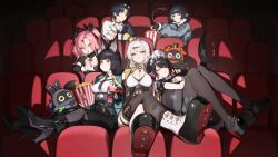 1boy 5girls absurdres animal_ears asaba_harumasa bangboo_(zenless_zone_zero) black_hair black_pantyhose black_shoes black_thighhighs boots breasts cleavage closed_eyes closed_mouth crossed_legs ellen_joe fins fish_tail fox_ears fox_girl high_heels highres hoshimi_miyabi hoyofair jacket jane_doe_(zenless_zone_zero) monoco55 mouse_ears mouse_tail multiple_girls nicole_demara open_clothes open_jacket pantyhose parted_lips pink_hair red_eyes shark_girl shoes single_thighhigh sitting skirt tail thighhighs white_boots white_hair yellow_eyes yixuan_(zenless_zone_zero) zenless_zone_zero