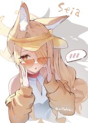 1girl above-cleavage_cutout absurdres animal_ear_fluff animal_ears blonde_hair blue_archive blush breasts character_name chiriakuta_hai clothing_cutout cross_halo diamond_cutout fox_ears fox_girl glasses hair_over_one_eye halo hands_up hashtag-only_commentary highres jacket long_hair long_sleeves looking_at_viewer official_alternate_costume one-piece_swimsuit open_mouth orange-tinted_eyewear seia_(blue_archive) seia_(swimsuit)_(blue_archive) shadow side_ponytail small_breasts solo spoken_blush sunglasses sweater swimsuit tinted_eyewear twitter_username upper_body visor_cap white_background white_one-piece_swimsuit yellow_halo yellow_jacket yellow_visor