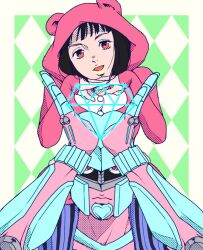 1girl 1other animal_ears animal_hood argyle_background armor bear_ears black_hair blue_armor blue_hat colored_skin commentary commentary_request crazy_diamond diamond_(shape) diamond_wa_kudakenai fake_animal_ears hat higashikata_daiya hood hood_up hoodie jojo_no_kimyou_na_bouken jojolion kanro_ni52 makeup orange_eyes pants pink_hoodie pink_skin purple_pants red_eyes sitting_on_shoulder stand_(jojo) striped_clothes striped_pants vertical-striped_clothes vertical-striped_pants