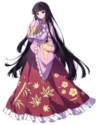 1girl bamboo_print black_hair bow bowtie closed_mouth collared_shirt commentary commentary_request english_commentary floral_print frilled_shirt_collar frilled_skirt frilled_sleeves frills full_body highres houraisan_kaguya leaf_print long_hair long_skirt long_sleeves looking_at_viewer mixed-language_commentary pink_shirt print_skirt psd_available red_eyes second-party_source shirt skirt sleeves_past_fingers sleeves_past_wrists smile solo ssm_(ssm82048039) tachi-e touhou transparent_background very_long_hair white_bow white_bowtie wide_sleeves
