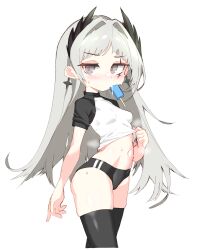 1girl alternate_costume arknights black_buruma blush breasts buruma chibi chibi_only clothes_lift commentary_request cowboy_shot earrings food food_in_mouth godgamesc2 grey_eyes grey_hair groin gym_uniform highres hot irene_(arknights) jewelry korean_commentary lifting_own_clothes long_hair looking_at_viewer midriff mouth_hold navel popsicle popsicle_in_mouth red_pupils scar scar_across_eye scar_on_face shirt shirt_lift short_sleeves simple_background small_breasts solo standing steaming_body sweat white_background white_shirt