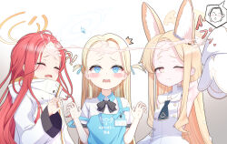 !? 3girls absurdres angel&#039;s_24_uniform_(blue_archive) animal_ear_fluff animal_ears apron arm_up armpits blonde_hair blue_apron blue_archive blue_eyes blush closed_eyes closed_mouth commentary cross_halo detached_sleeves doodle_sensei_(blue_archive) dress flower forehead fox_ears fox_girl gnoet gradient_eyes hair_flower hair_ornament halo hand_up hands_up highres id_card jacket loli long_hair long_sleeves multicolored_eyes multiple_girls one_eye_closed open_mouth red_hair seia_(blue_archive) sensei_(blue_archive) shirt short_sleeves sleevejob sleeveless sleeveless_dress sleeves_past_fingers sleeves_past_wrists sora_(blue_archive) tears two_side_up upper_body white_dress white_jacket white_shirt white_sleeves yellow_eyes yellow_halo yuzu_(blue_archive)