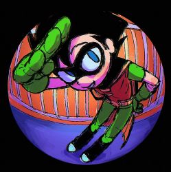 1boy batman_(series) belt bishounen black_cape black_footwear black_hair blue_eyes bodysuit border cape commentary commentary_request dc_comics dick_grayson domino_mask english_commentary fisheye gloves green_gloves green_pants hallway looking_at_viewer male_focus mask pants peephole railing robcomi_s robin_(dc) round_border round_image short_hair short_sleeves sketch smile superhero_costume teen_titans teeth yellow_belt