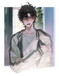 1boy :d antenna_hair bite_mark black_hair black_jacket blush border cheng_xiaoshi collarbone cropped_torso curtains fang hair_between_eyes hand_on_own_arm hickey highres implied_yaoi jacket justjust_monika long_sleeves looking_to_the_side male_focus messy_hair multicolored_jacket open_clothes open_jacket open_mouth outside_border shiguang_dailiren shirt short_hair smile solo sweat sweatdrop tree upper_body white_border white_jacket white_shirt window