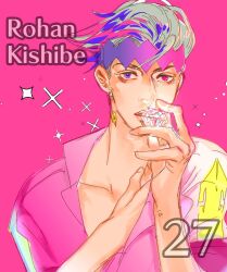 1boy character_name commentary_request diamond_wa_kudakenai earrings hair_slicked_back highres holding holding_jewelry jewelry jojo_no_kimyou_na_bouken kishibe_rohan looking_at_viewer male_focus numbered oraorashindoi35 pink_background pink_eyes purple_eyes short_hair sidelocks solo sparkle upper_body