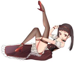 1girl alternate_costume bare_shoulders black_choker black_corset blush breasts brown_hair brown_thighhighs choker closed_mouth corset dot_nose dress eyelashes female_focus fingernails frilled_dress frills from_side gem hachikuji_mayoi hairband hand_up high_heels knee_up leg_up loli long_hair looking_at_viewer looking_to_the_side lying meemz_a monogatari_(series) nail_polish off-shoulder_dress off_shoulder on_back purple_dress red_corset red_eyes red_hairband red_nails red_shoes red_shorts shoes shorts simple_background small_breasts smile solo strapless thighhighs tongue tongue_out twintails two-tone_corset two-tone_dress white_background white_dress yellow_gemstone