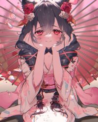1girl animal_ears arumu black_hair braid commentary_request flower granblue_fantasy hair_flower hair_ornament highres japanese_clothes kimono looking_at_viewer nier_(granblue_fantasy) nier_(yukata)_(granblue_fantasy) official_alternate_costume official_alternate_hairstyle parasol red_eyes seiza sitting solo umbrella yukata