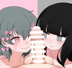 1boy 2girls bar_censor black_hair blunt_bangs blush bow censored closed_mouth collarbone completely_nude crossover flower green_hair grey_eyes hair_between_eyes hair_bow hair_flower hair_ornament hetero highres inabakumori iyowa_girls kurari-chan_(iyowa) kyu-kurarin_(cevio) long_hair looking_at_penis multiple_girls multiple_hair_bows nazunobasho nude osage_(nukunuku_nigirimeshi) penis penis_awe pink_bow pink_eyes pink_flower pov short_hair sidelocks split_theme sweat testicles variant_set veins veiny_penis wavy_mouth