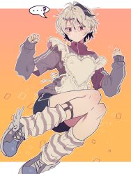 Rule 34 | ...?, 1girl, androgynous, apron, bandaid, bandaid on face, bandaid on nose, blue shorts, border, clenched hands, closed mouth, detached sleeves, earrings, flower, flower (vocaloid), flower (vocaloid4), frilled apron, frills, hair between eyes, hair flower, hair ornament, heart apron, highres, jacket, jersey maid, jewelry, leg warmers, maid, maid apron, multicolored hair, orange background, outline, purple eyes, purple flower, purple footwear, purple hair, purple jacket, purple nails, short hair, shorts, solo, speech bubble, streaked hair, striped leg warmers, suju0813, tomboy, track jacket, unconventional maid, vocaloid, white apron, white border, white hair, white outline, winged footwear, x hair ornament, zipper