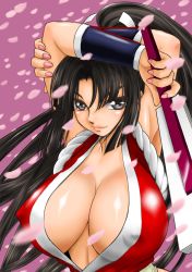 1girl absurdres arm_up armpits arms_behind_head black_hair breasts cleavage covered_erect_nipples fatal_fury female_focus hand_fan highres huge_breasts no_bra seductive_smile shiranui_mai smile snk solo suzu_yoshiaki the_king_of_fighters wolfpack